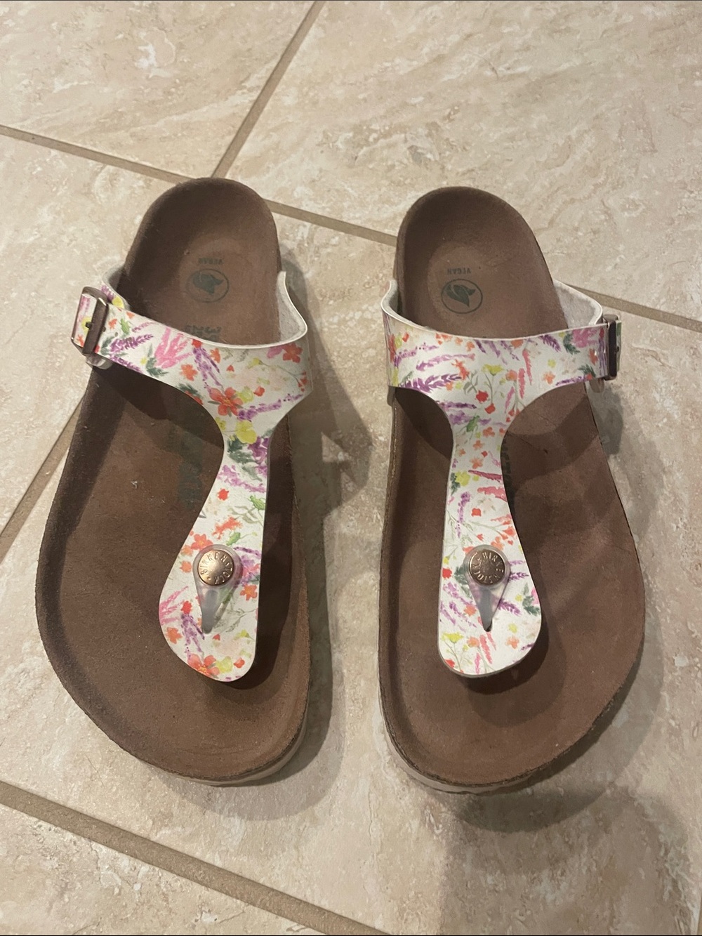 Floral Print Women's Birkenstock T-Strap Sandals - White Multicolor